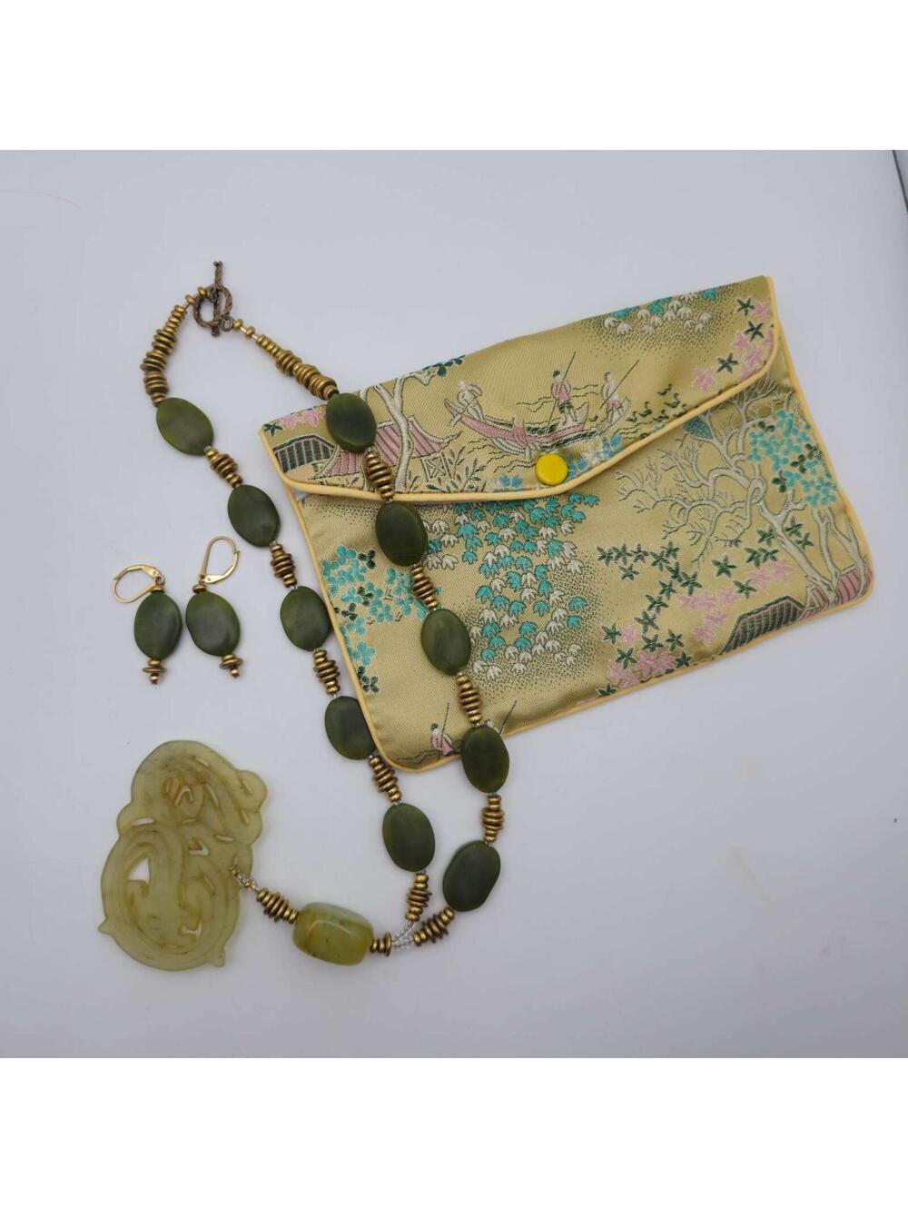 Jade (Nephrite) Necklace/Earrings Antique Celadon Pendant 12" + Silk Bag